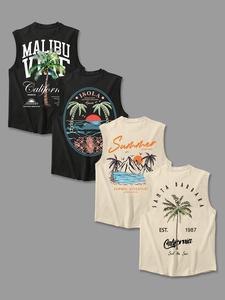Men's Letter & Tropical Print Round Neck Tank Top, Regular Fit Casual Sleeveless Crew Neck Vest for Summer, Men's Top for Daily Wear, Mens Clothing