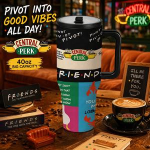 1 Pc 40oz "Friends" themed insulated tumbler, Flask, featuring a large-capacity, double-wall vacuum, and leak-proof design. It keeps drinks hot for 12 hours and cold for 24 hours, making it an ideal coffee cup and gift choice for Christmas