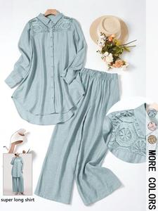 Women's Casual Two-Piece Set, Hollow Out Design Top & Loose-Fit Pants, Daily Wear, Plain Color, Comfortable Fit, Spring & Fall Fashion