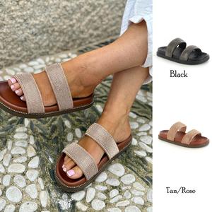 Patsy: True to size for all! good for std & wide fit. with comfort memory foam innersoles. FLAT DIAMANTE SANDAL