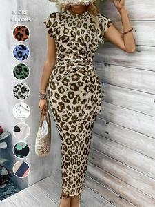 Women's Leopard Print Knot Statement Bodycon Fit Dress, Elegant Formal Butterfly Sleeve Round Neck Long Dress for Parties, Holidays and Wedding Guests, Ladies Summer Clothes, Elegant Dress for Women, Womenswear