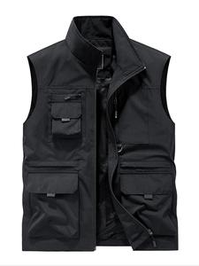 Men's Solid Multi-pocket Zip Up Vest Jacket, Regular Fit Casual Windproof Waterproof Sleeveless Outerwear for Outdoor Activities, Men's Clothes for Summer, Menswear
