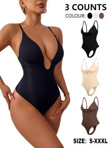 Women's Solid V Neck Seamless Shapewear Bodysuit, Tummy Control Butt Lifting Shaper, Women's Shapewear for Daily Wear, Womenswear