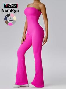 Women's Sexy Yoga Ribbed One Piece Tube Rompers Flared Trousers Tights Push-up Sports Bodysuit Women Fitness Suit Workout Sportswear Sporty Comfy Sleeveless Yoga Jumpsuits Jumpsuit Workout Jumpsuits Gym Fitness Activewear
