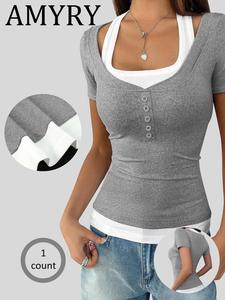 Women's Snap Button Curved Hem Tee, Casual Short Sleeve T-shirt for Summer, Ladies Clothes for Daily Wear, Top