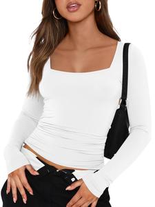 Women's Plain Square Neck Long Sleeve Tee, Casual Solid Color Tight Sleeve T-Shirt for Spring & Fall, Women's Top for Daily Wear