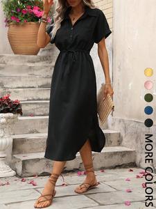 Women's Solid Color Button Front Dress, Casual Short Sleeve Dress for Daily Wear, Ladies Clothes for Summer, Brunch Dresses, Formal Womenswear
