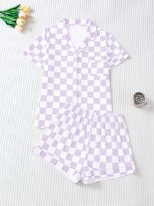 Women's Plaid Print Lapel Neck Button Front Shirt & Elastic Waist Shorts Pyjama Two-piece Set, Casual Comfy Short Sleeve Pocket Top & Shorts Pj Set, Ladies Summer Sleepwear, Loungewear,  Womens Clothes