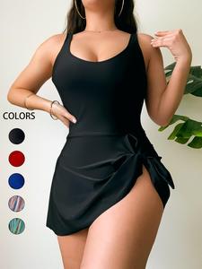 Christmas Gift Women's 2024 Solid Asymmetrical Ruched Knot Design Tank Swimsuit, Beach Adjustable Strap Sleeveless One-piece Swimwear for Beach Holiday Vacation, Chic Ladies Summer Clothes, Curve Swimwear UK
