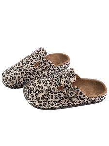 Women's Leopard Print Mules, Foot Clogs, Casual Slip-On Sandals, Comfortable Soft Sole, Adjustable Buckle, Flat Heel, All Seasons, Indoor & Outdoor