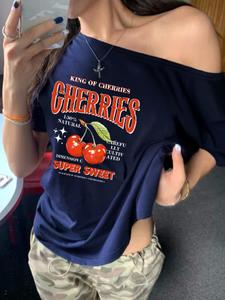 Women's Cherry & Letter Print Scoop Neck Crop Tee, Casual Fashion T-shirt for Daily Holiday Vacation Outdoor Wear, Ladies Clothes for Summer, Tops