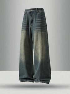 Men's Vintage Wash Pocket Wide Leg Jeans, Loose Casual Comfy Denim Pants for Daily Wear, Woven Bottoms for All Seasons