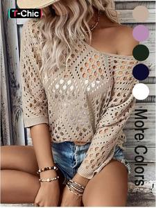 Women's Plain Hollow Out Sweater Pullover, Casual 3/4 Sleeve Crew Neck Jumper for Summer, Fashion Women's Knitwear for Daily Wear