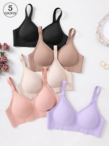 5 pack solid color seamless soft wirefree women's bras with adjustable shoulder straps and hook closure, wire-free support and gathering beautiful back, comfortable and breathable, skin-friendly soft, daily casual, jelly sexy lift lingerie
