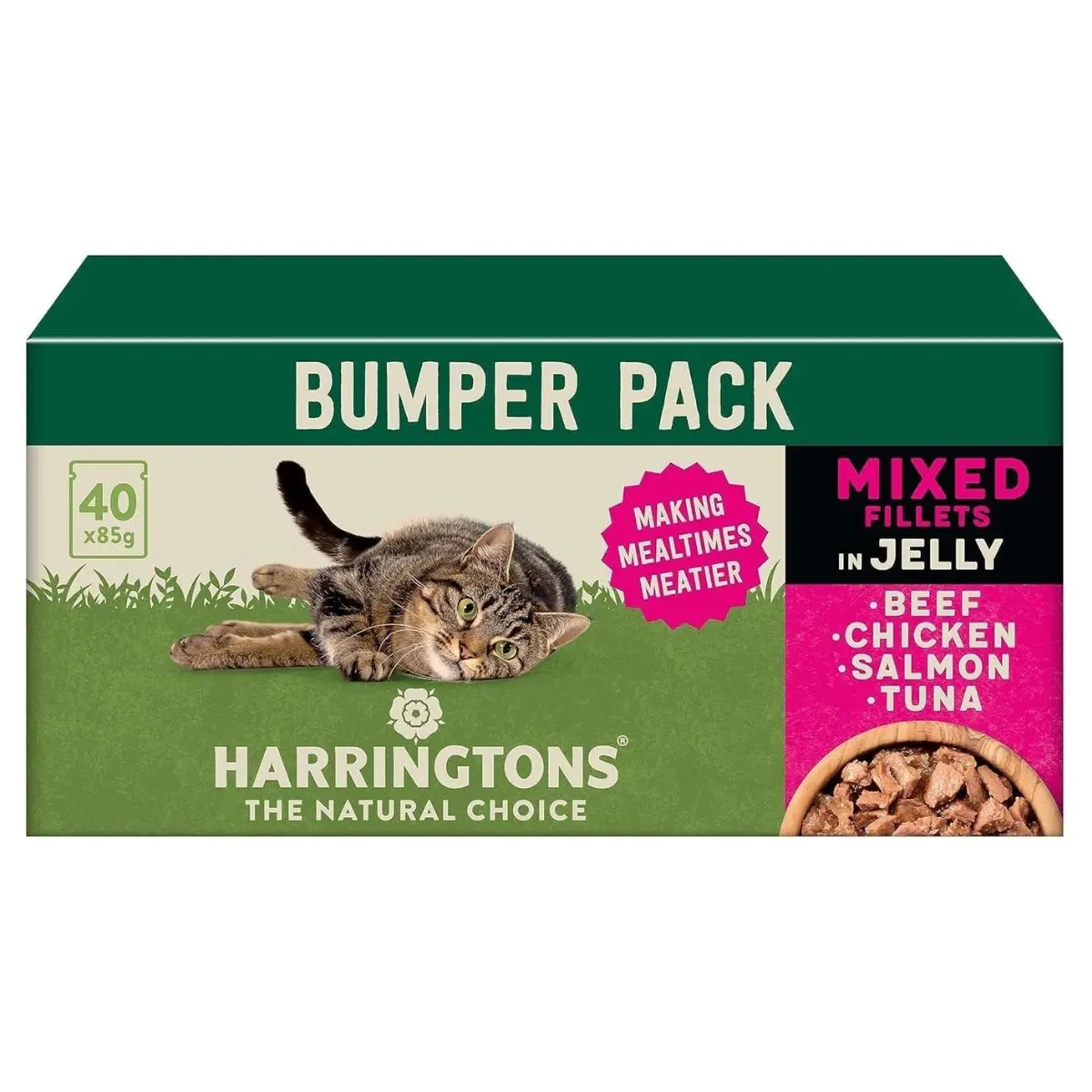 Harringtons Complete Wet Pouch Grain Free Hypoallergenic Adult Cat Food Mixed in Jelly Pack 40x85g - Beef, Chicken, Salmon & Tuna- Making Mealtimes Meatier
