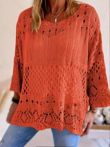 Women's Summer Hollow Out Half Sleeve Knit Top, Casual Elegant Vacation Style, Loose Batwing Shoulders, Spring Summer Fall Wear