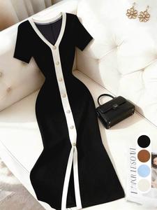 Elegant Knitted Dress, Short Sleeve Long Dress, Solid Color, Slim Fit, High Waist, French Style, Office Wear, Date Night, Tea Time, Pear Shape, Womenswear