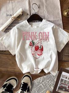 Women's Strawberry & Letter Print Round Neck Tee, Casual Fashion Short Sleeve T-shirt for Summer, Ladies Clothes for Daily Wear, Top