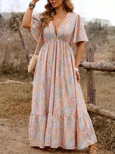 【Plus Size】 All Over Print Dress, Boho Fashion Casual Vneck Dress for Daily Holiday Vacation Wear, Women Plus Bohemian Clothing for Summer, Womenswear