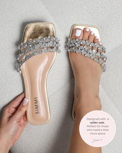 Capri Wide Fit Gold Mirror Diamante Flat Sandals