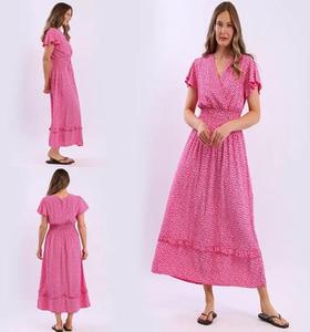 Find Fashion Women's Short Flutter Sleeves V-Neck Smocked Waist Ditsy Floral A-Line Boho Ruffle Hem Sun Dress For Ladies One Size( UK Fit 10-14)