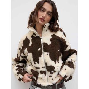 Cider Fleece Funnel Neck Print Drawstring Oversized Jacket