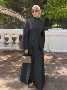 Women's Ramadan Muslim Solid Color Elegant Cardigan + Long Sleeve Dress Set, Casual Slim-Fitting Two-Piece, No Hijab Included