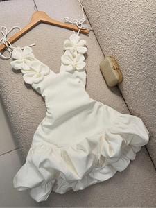 Women’s Floral Decor Valentine’s Day Party Evening Dress, Sexy Bud Strap Dress White Summer Elegant