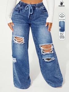 Women's Plus Size Ripped Denim Jeans, High Waist Elastic Waist, Loose-Fitting Long Pants, Casual Y2K Style, All Seasons Fashion