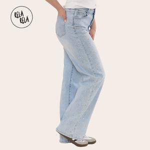 RELA RELA Light Blue Viral Stretchy Mid-Waist Side Diamonte Wide Leg Jeans UK 6-20 Denim Womenswear