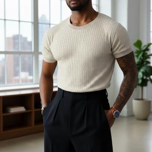 2026 Summer Thin Round Neck Short Sleeve Knitwear Unisex Slim Fit Versatile Loose Vertical Stripe Casual Elegant Basic Half Sleeve T Shirt