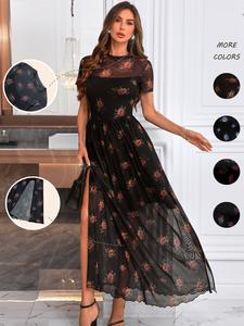 Women's Floral Print Sheer Tulle Overlay Dress, Gothic Vintage Shortsleeve Dress Fitted for Party Holiday Wedding Guest, Holiday Dresses, Crewneck Womenswear, Formal Dresses Women, Elegant Classy Flattering Wedding Dress
