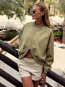 Women's Bomber Jacket Olive Green Cropped Bomber Jacket Vintage Casual Style Summer Spring Ribbed Collar Cuffs Full Zip Side Pockets Streetwear Daily Wear Street Style Layering Outerwear