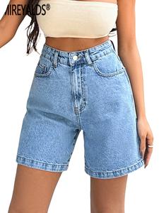 Women's High Waist Light Blue Washed Denim Mom Shorts, Loose Wide Leg Classic Five-Pocket Jeans, Summer Casual Style