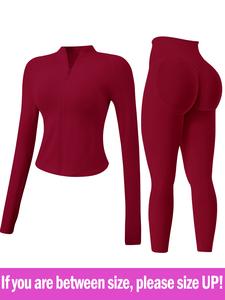 Women's 2-piece set Seamless Sexy Standing Collar Zipper Exercise Suit Windproof Slim Warm Top Long Sleeve + Tight Hip Lifting Exercise Pants Quick Dry Yoga Clothing Fitness Running Exercise Stretchy Breathable Zipper Exercise Suit with Finger Holes