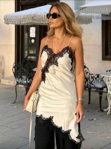 Women's Summer Asymmetrical Beach Midi Dress, Lace Strapless Satin Long Dress, Elegant Formal Sleeveless Patchwork Dress