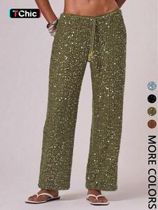Women's Bohemian Style Beach Pants, Elegant Summer Sequined Long Trousers, Fashionable Holiday Wear, Ladies' Casual, Boho Fashion Trousers