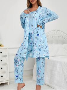 Three-Piece Set Women's Floral Butterfly Print Lettuce Trim Belted Lounge Robe & Cami Top & Pants Pyjama Set, Casual Comfy Three-piece Sleepwear Set for Women, Ladies Sleepwear for All Seasons Pajamas