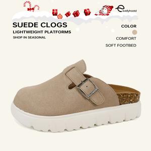 EVELLYHOOTD Women Chunky Suede Round Toe Cork Footbed Clogs With Platform Indoor and Outdoor Slippers