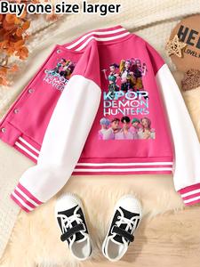 Girls' Kpop Demon Boy & Hunter Girl Group Print Baseball Jacket, Casual Sport School Uniform, Elastic Fabric, Fall Winter Halloween