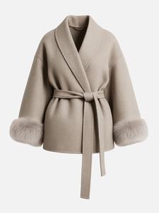 women's elegant solid color waist tie plush long sleeve thermal wrap coat