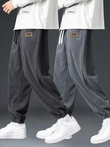 Men's Letter Print Drawstring Waist Corduroy Pants, Casual Comfy Straight Leg Trousers for Daily Wear, Men's Bottoms for Fall & Winter