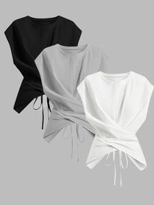 Women's Knitted Round Neck Drop Shoulder Sleeve T-Shirt, Fashion Chic Casual Asymmetrical Ruched Cross Cutout Back Tie Top