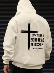 Men's Letter Print Cross Hoodie, Casual Loose Long Sleeve Hooded Sweatshirt for Spring & Fall, Fashion Men's Clothes for Daily Wear
