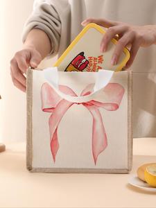 Bowknot Pattern White Reusable Lunch Bag, Portable Lunch Box Handbag, Large Capacity Durable Lunch Bag for Women & Men, Casual Multifunctional Insulated Bag for School & Office & Camping & Picnic, Everyday Bags