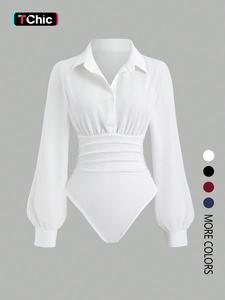 Women's solid color slim-fit V-neck long-sleeved shirt jumpsuit, elegant woven fabric, slim fit, suitable for all seasons, and can be layered flexibly.