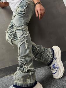 Men's Solid Color Ripped Jeans, Fashion Casual Loose Fit Thermal Lined Denim Trousers for Daily Outdoor Wear, Mens Bottoms for All Seasons, Cotton