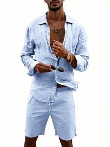 Men's 2 Piece Linen Outfit Set, Pure Color Long Sleeve Button Down Shirt & Shorts, Lightweight Breathable Fabric, Casual Beach Suit for Summer Vacation & Resort Wear