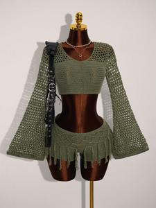 Olive Green Crochet Knit Breathable Two Piece Set Bell Sleeve Lace Up Back Crop Top Fringe Shorts Boho Beach Festival Outfit Summer Spring Vacation Swim Cover Up Hollow Out Knitwear for Women Party Clubwear Streetwear Bohemian Style
