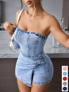 ✨ Women's Tube Top Denim Dress | Twisted Front Strapless Design, Summer Hot Girl Essential